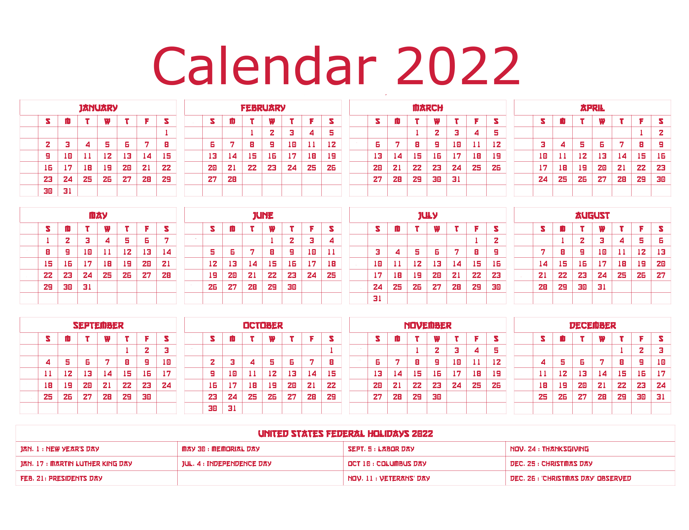 Holidays Binary Year 2022 Calendar PNG