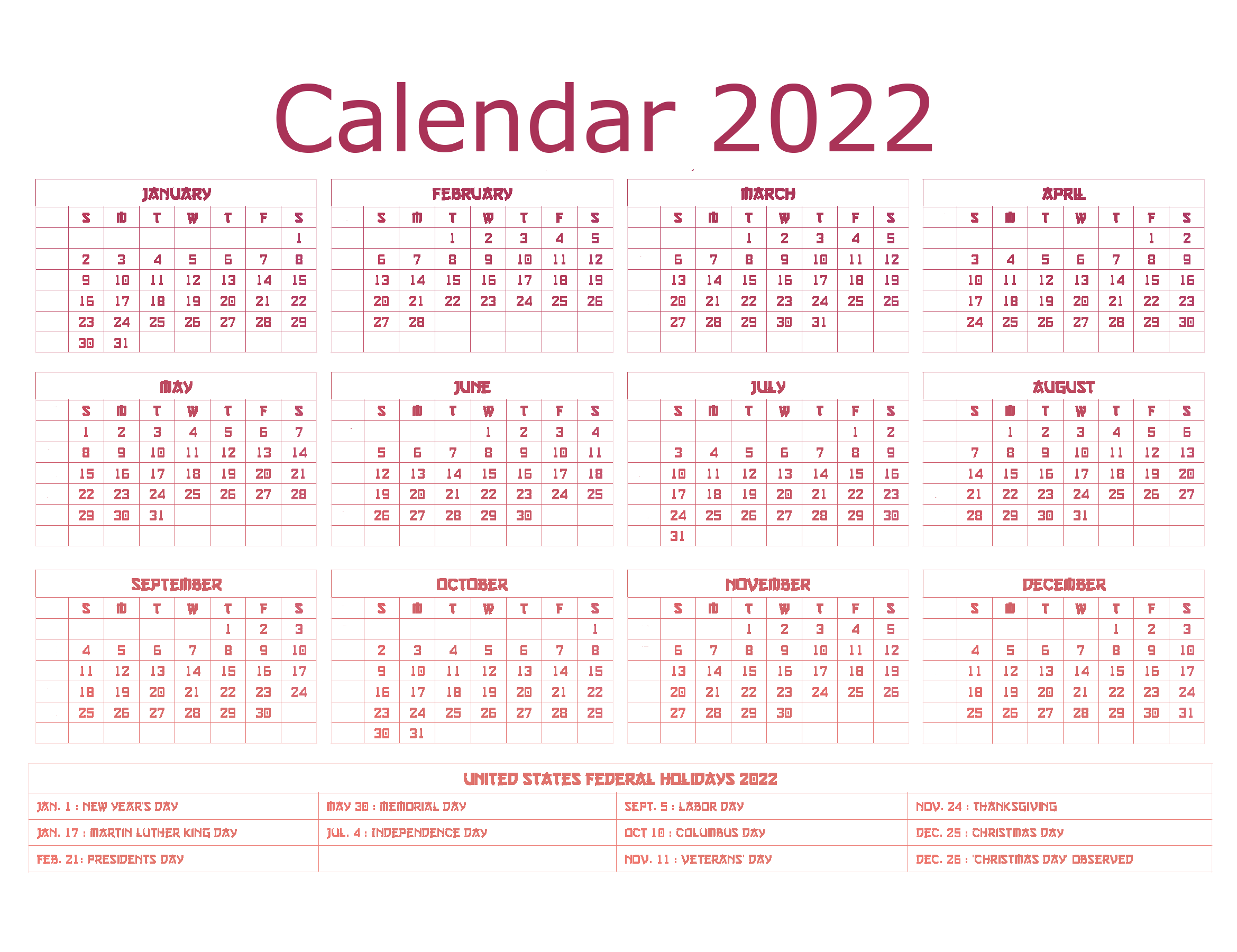 2022 Calendar Year Binary Holidays PNG