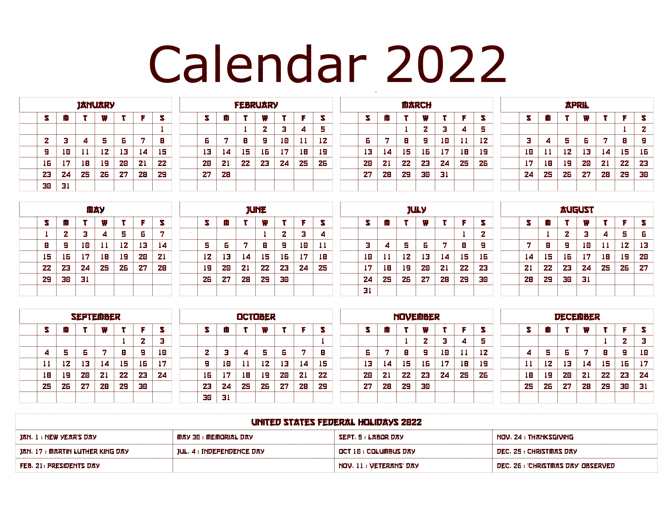 Binary Calendar 2022 Holidays Year PNG