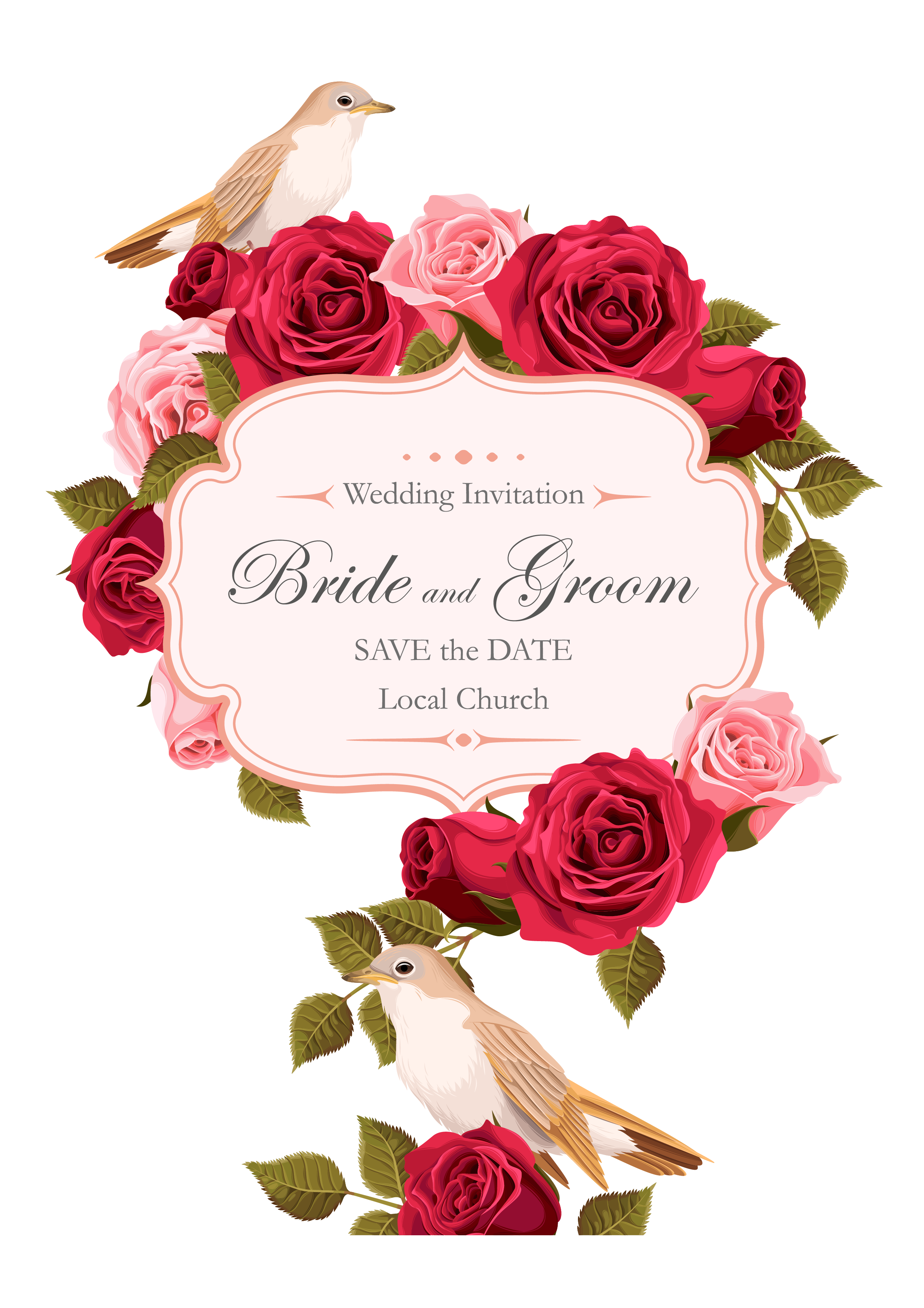 Vector Wedding Painted Birds Rose PNG